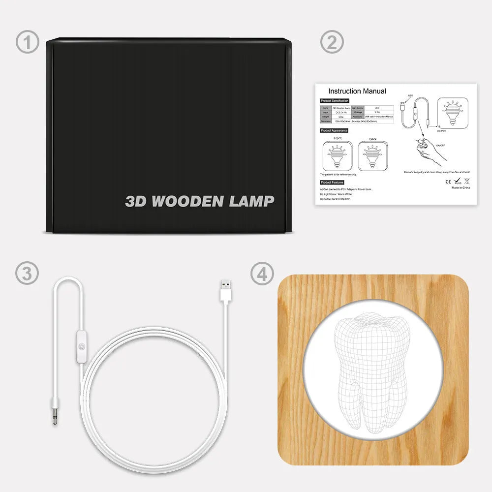 Tooth shape wood colour acrylic night lamp measuring 190x190x30mm with USB cable