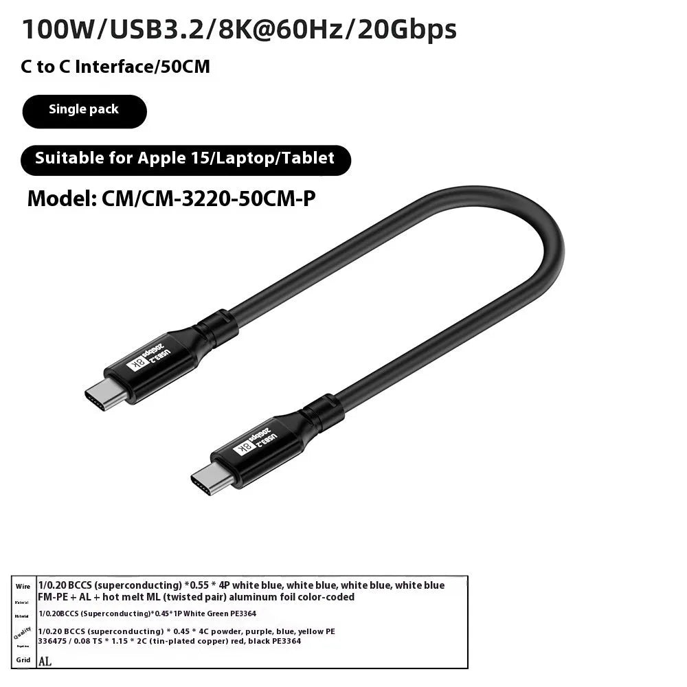 Black USB C to C HDMI cable with Type-C connectors, PVC jacket, and 8K 60Hz 20Gbps 100W ratings