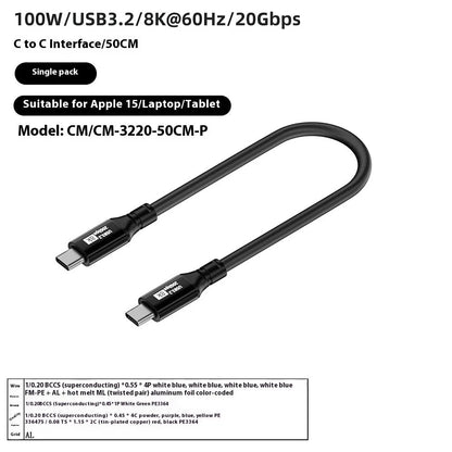 Black USB C to C HDMI cable with Type-C connectors, PVC jacket, and 8K 60Hz 20Gbps 100W ratings