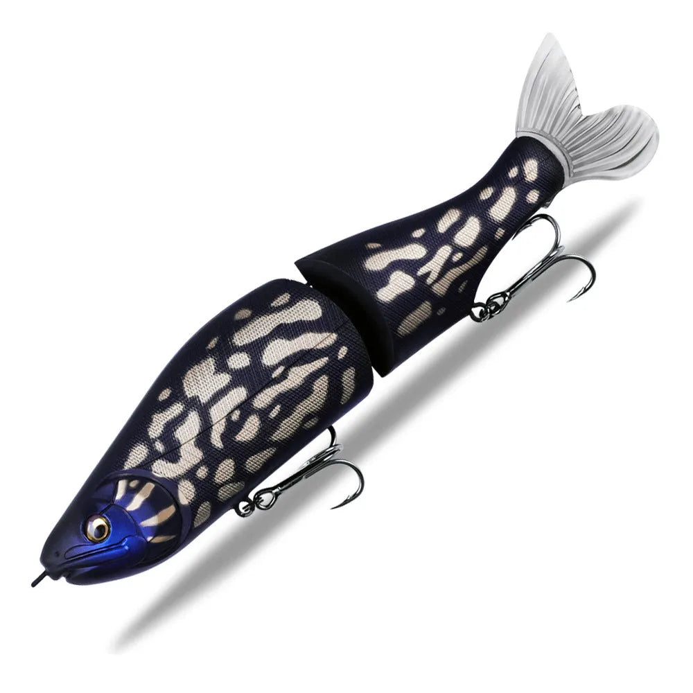 A 185mm hard plastic fishing swim bait in a natural green colour with detailed scales and 3D eyes.