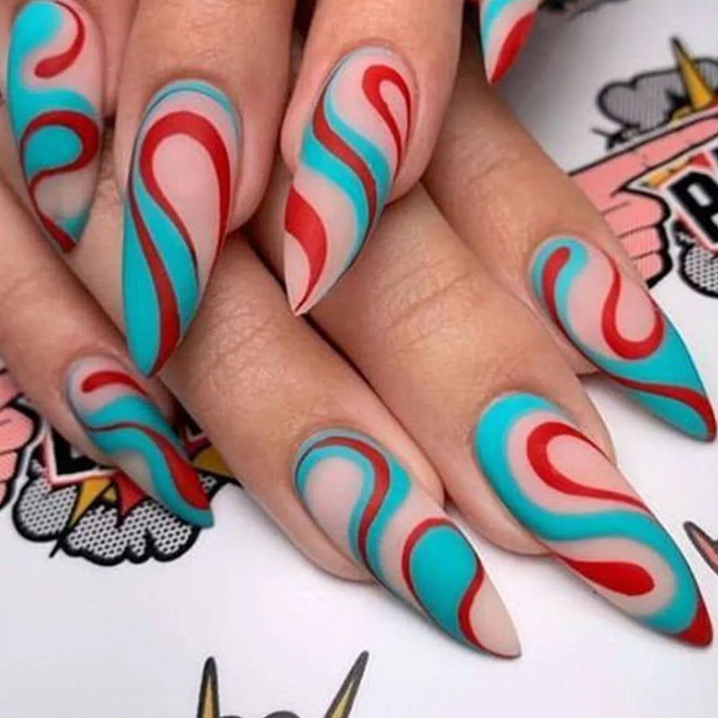 False Nail Stickers featuring Almond-shaped Rainbow Colourful Lines, reusable European Square Wearable Style, 1 or 4 Set Options with French Colour Ripple, Flash Crack Green, Leaf Gradient, and Amber Designs.