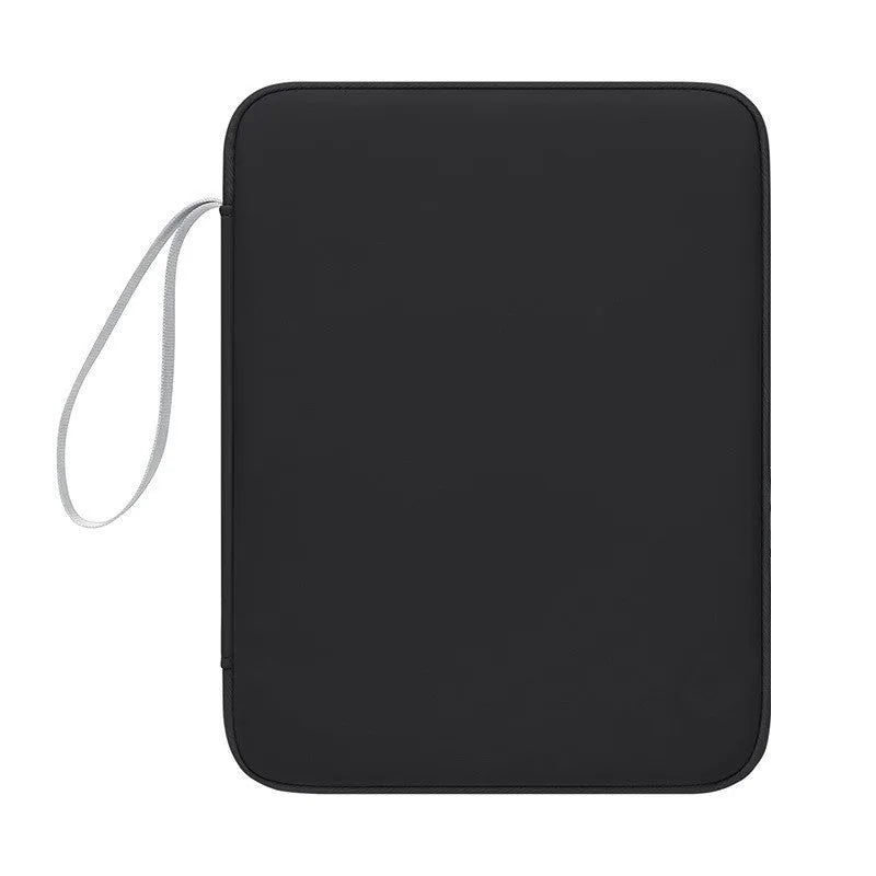 Imitation leather tablet protective case with handle in black colour showing fabric interior