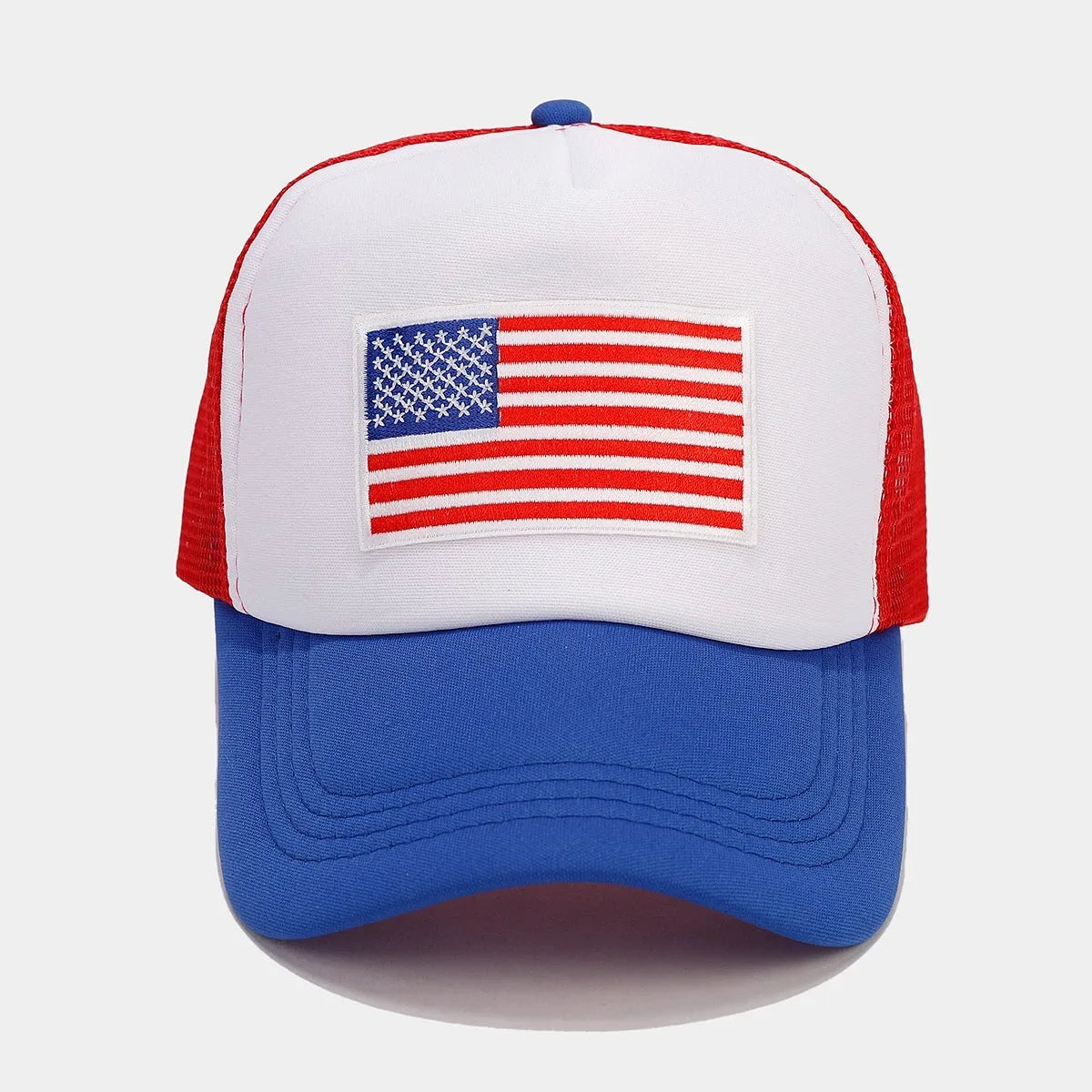 Red and blue contrasting colour breathable mesh baseball cap with adjustable strap