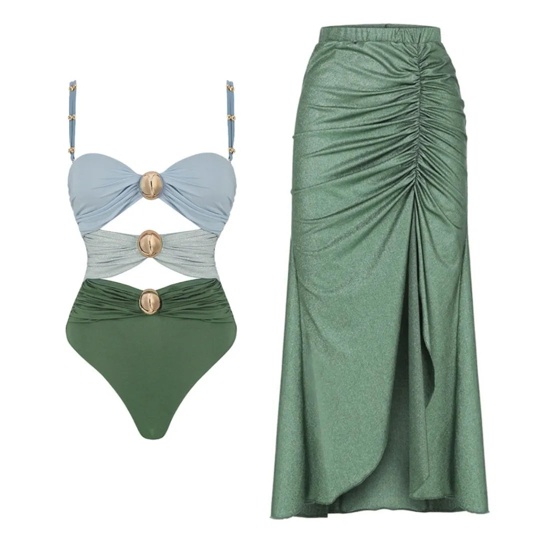 Women's one-piece swimsuit with round buckle decoration and hollow-out stitching design in nylon fabric