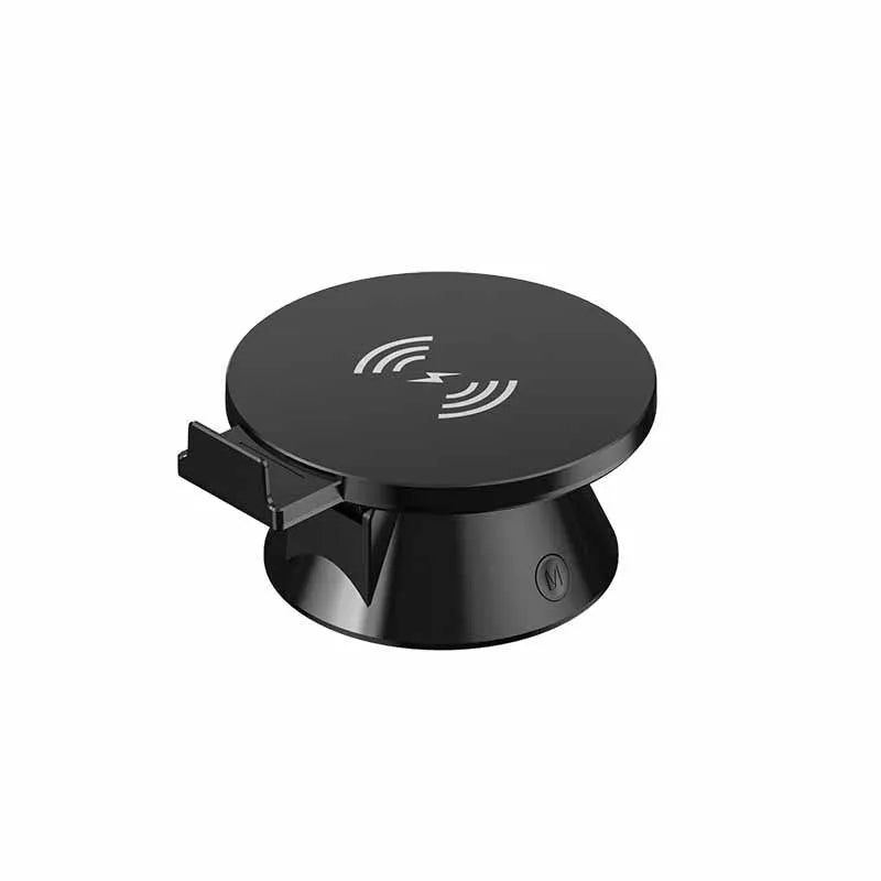 Small white plastic wireless phone charger holder with Bluetooth speaker, 12 × 10 × 6 cm, USB cable included