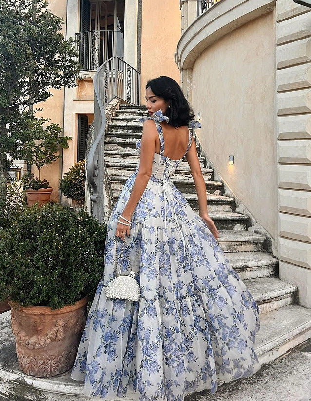 Floral off-the-shoulder organza dress with lace-up detail in a stunning blue hue