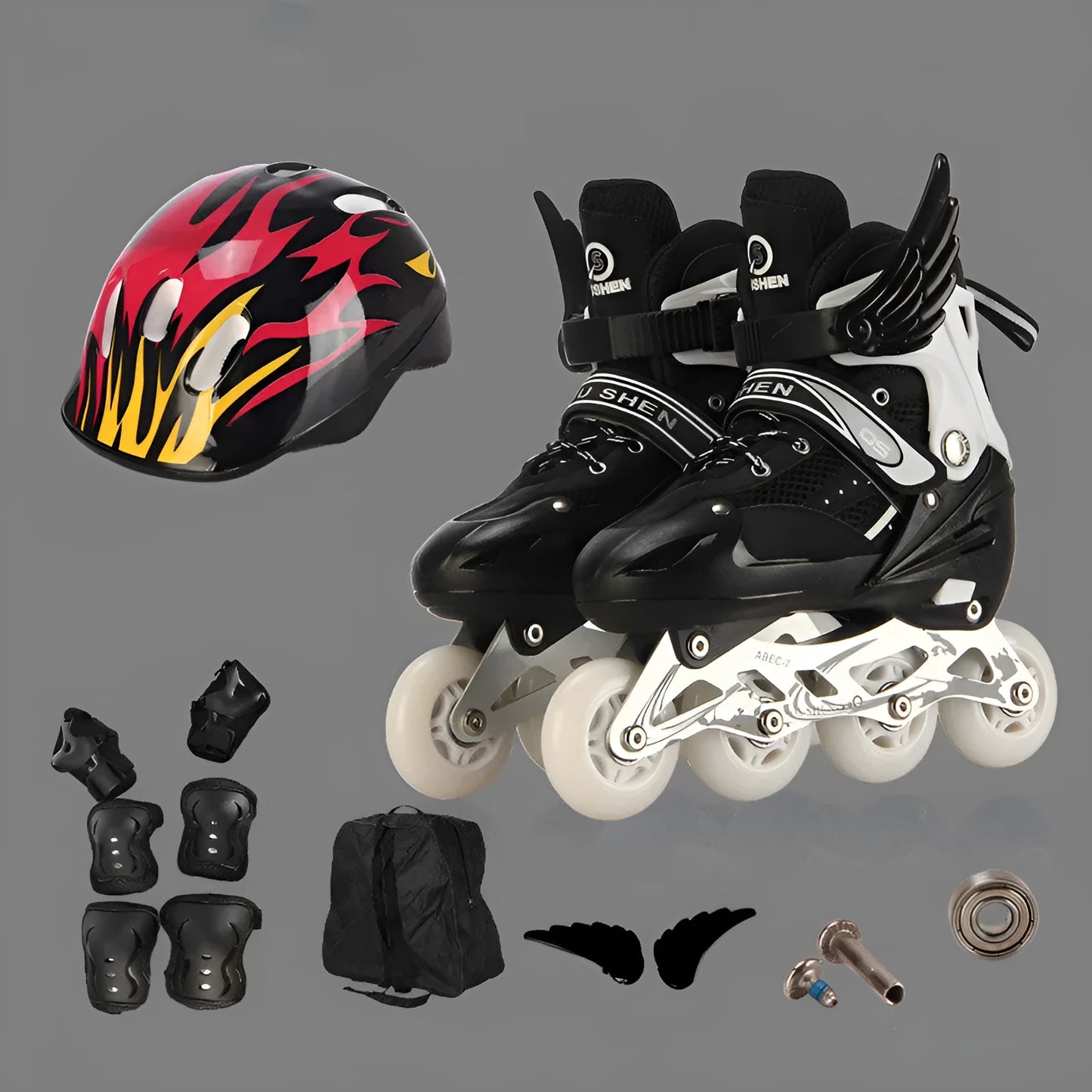 Adjustable PU children's roller skates with aluminium frame and protective gear set in five colour options