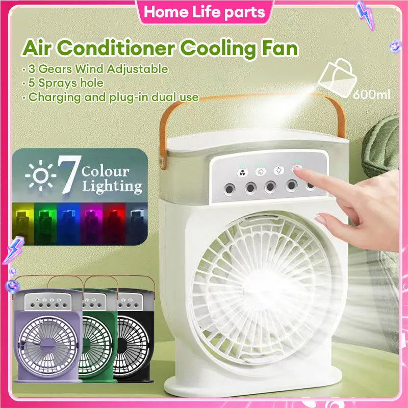 Black portable USB air cooler fan with adjustable head, leather handle, and removable water tank on a desk.