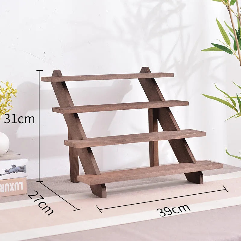 Multi-layer wooden stepped shelf in natural wood or walnut colour, shown in 2 to 5 tier floor-standing versions