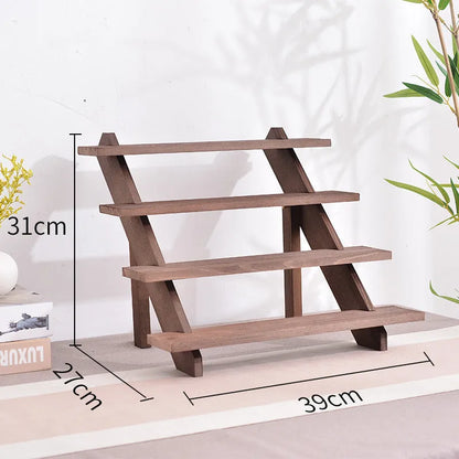 Multi-layer wooden stepped shelf in natural wood or walnut colour, shown in 2 to 5 tier floor-standing versions