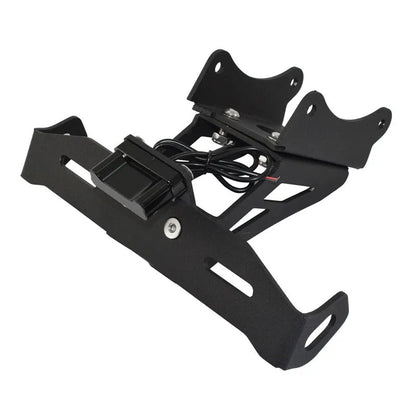 Black aluminium alloy licence plate bracket for Honda motorcycles with laser-cut construction