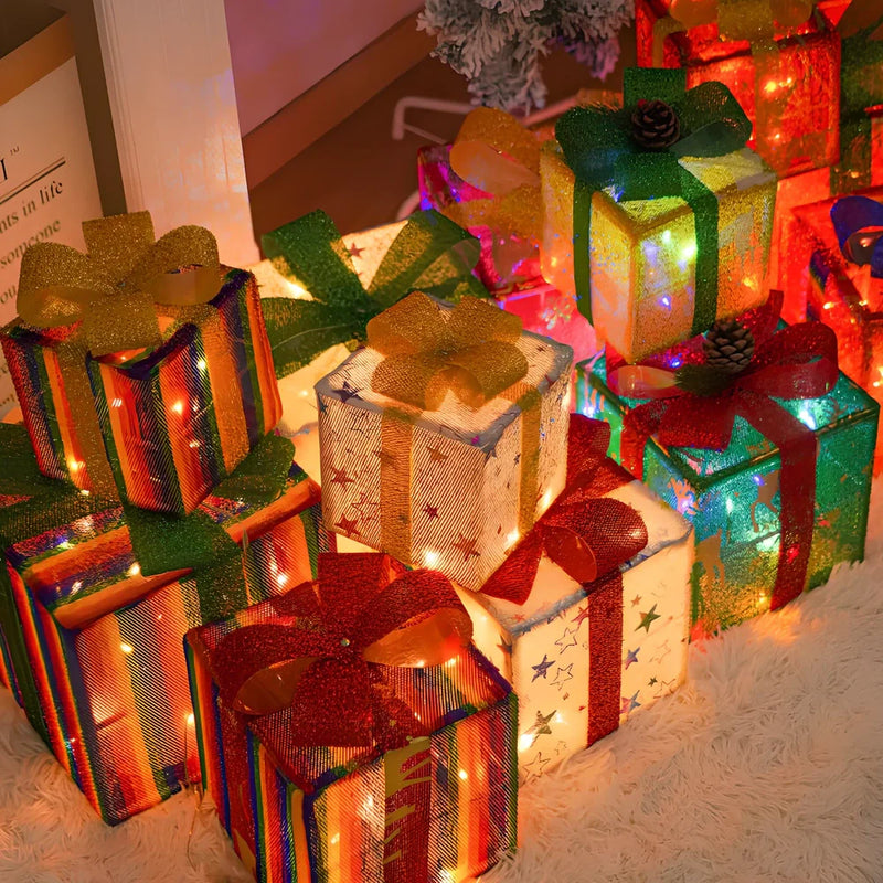 Christmas Gift Box Three Piece LED Light Set with Warm Light Functions