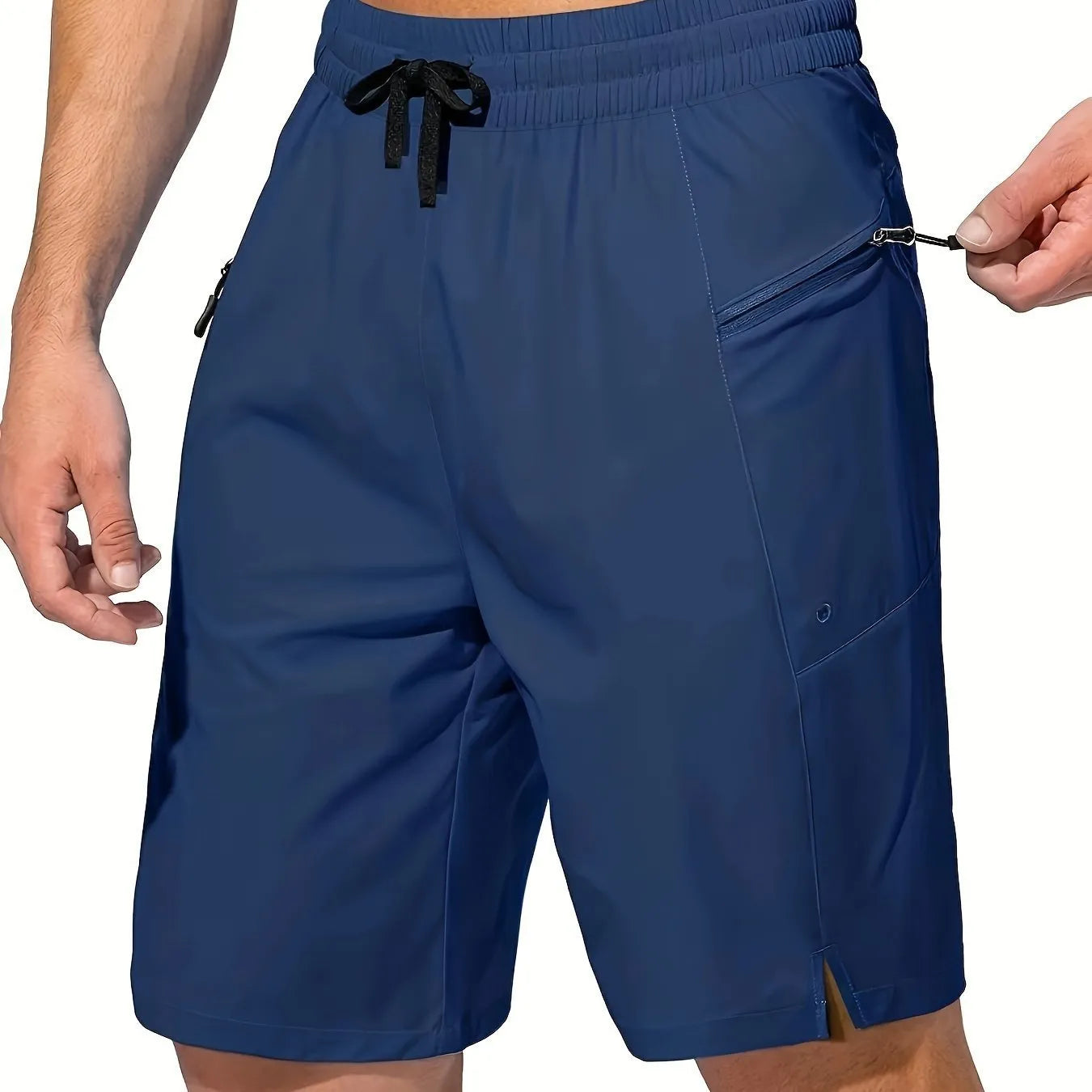 Man wearing solid colour straight-leg beach shorts in quick-dry polyester fabric.