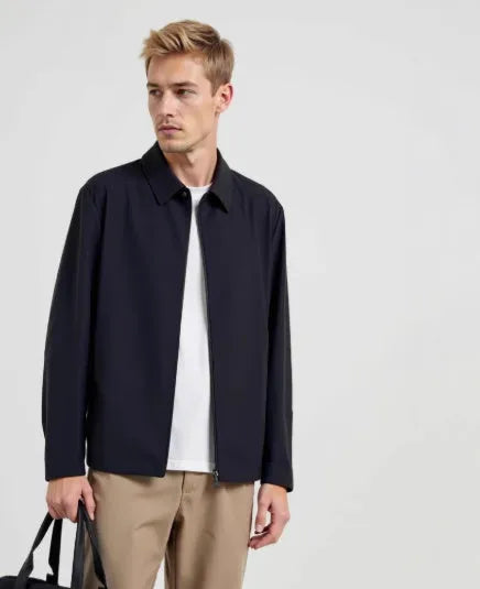 Navy blue summer business shirt with lapels made from ice silk fabric, shown on a hanger.