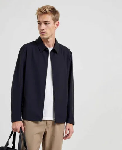 Navy blue summer business shirt with lapels made from ice silk fabric, shown on a hanger.