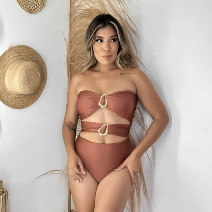 Women's one-piece swimsuit in solid black, brown or red, nylon fabric, sizes S M L, for swimming and wading