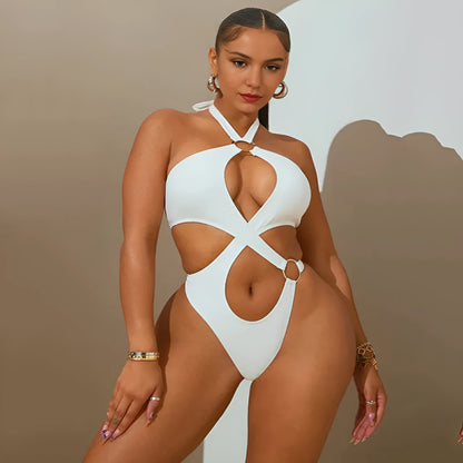 Women's sleeveless jumpsuit with lace-up back detailing and tapered shorts in polyester fabric