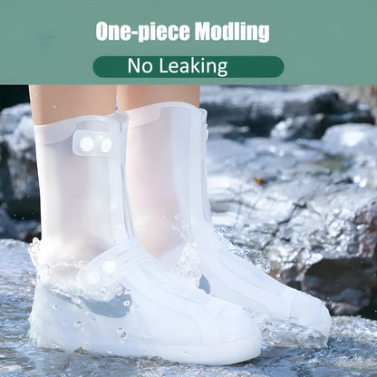 White high-top PVC waterproof shoe cover for women, shown on a foot.