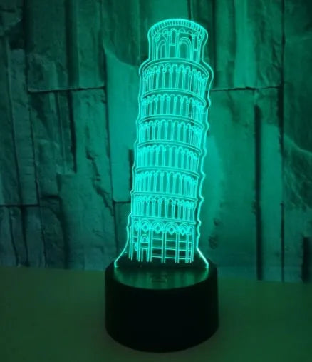 3D Leaning Tower of Pisa acrylic night light with multi-colour LEDs on a black square base