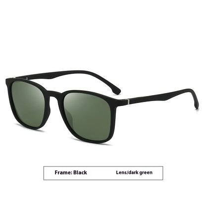 Men's polarised sunglasses with a PC frame and multiple lens colour options including dark green and grey.