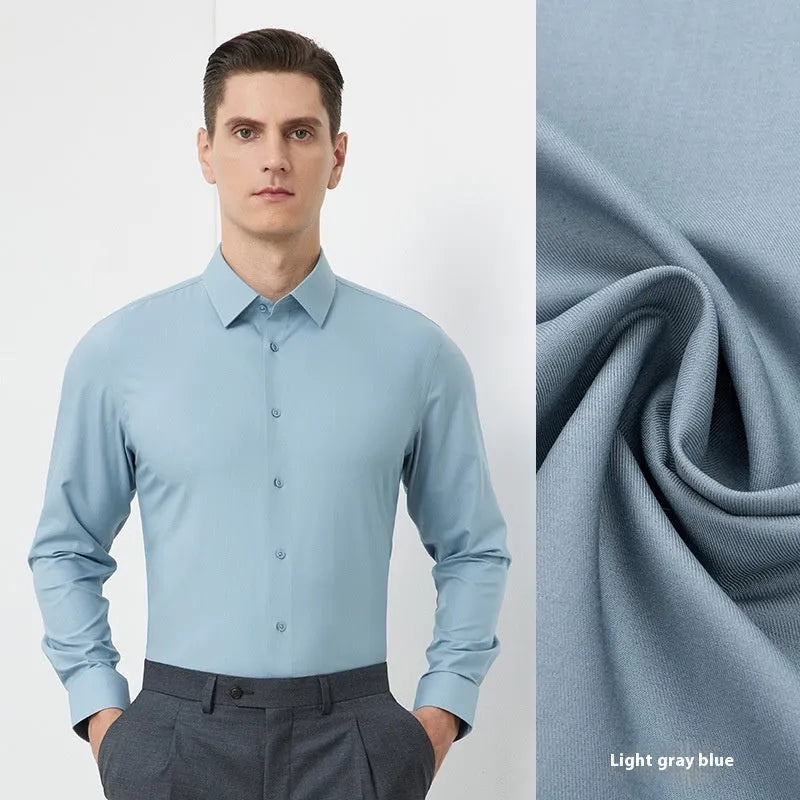 Men's long-sleeved mulberry silk business shirt in light blue with regular cut and cardigan style