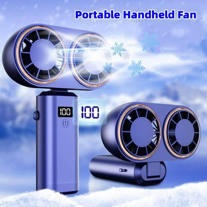 Portable USB-powered handheld fan with foldable design, adjustable speeds, and digital display