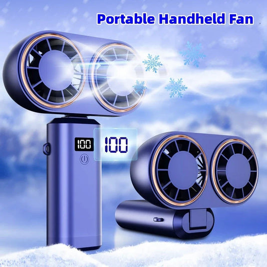 Portable USB-powered handheld fan with foldable design, adjustable speeds, and digital display
