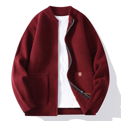 Men's straight-fit striped cardigan jacket in a Vinylon-blend knit, shown in one of five colour options.