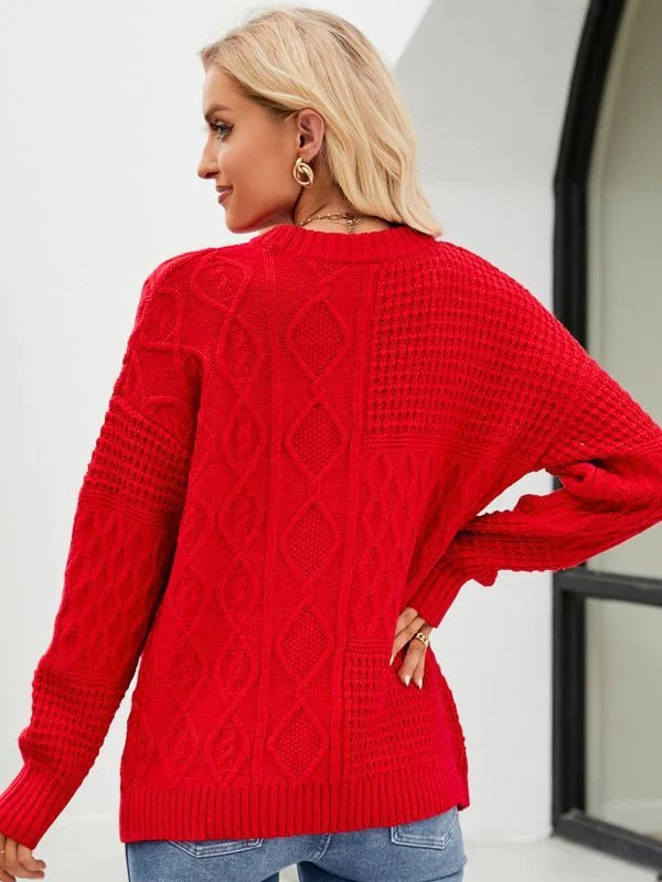 Women's casual round-neck pullover sweater with cable-knot pattern in various colours