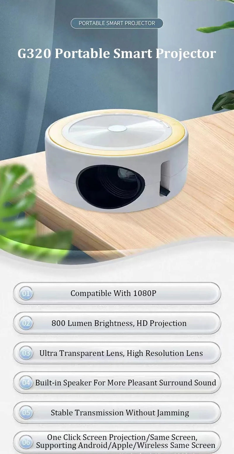 LED projector with same screen projection for home wired connection, portable design measuring 110x47mm, 10W power output with 15±3 ANSI brightness and 320x180 resolution available in black, white, yellow and white, blue and white colour options