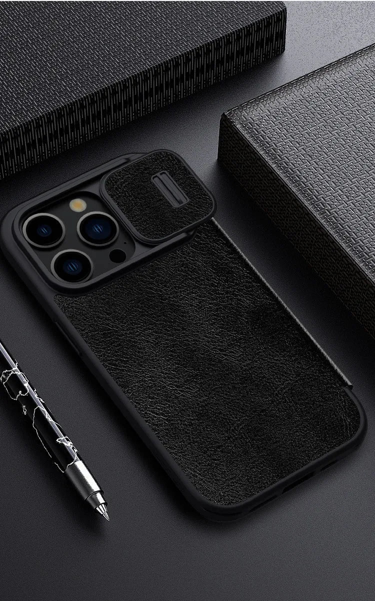 Imitation leather flip phone case for iPhone, shown in black, brown, and red colours.