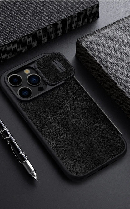 Imitation leather flip phone case for iPhone, shown in black, brown, and red colours.