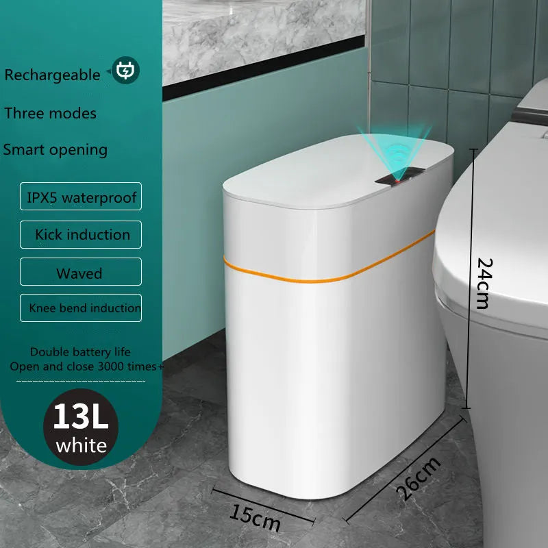 White smart induction trash can with automatic opening lid for kitchen or bathroom use