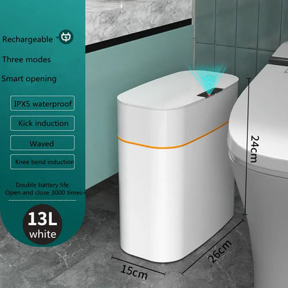 White smart induction trash can with automatic opening lid for kitchen or bathroom use