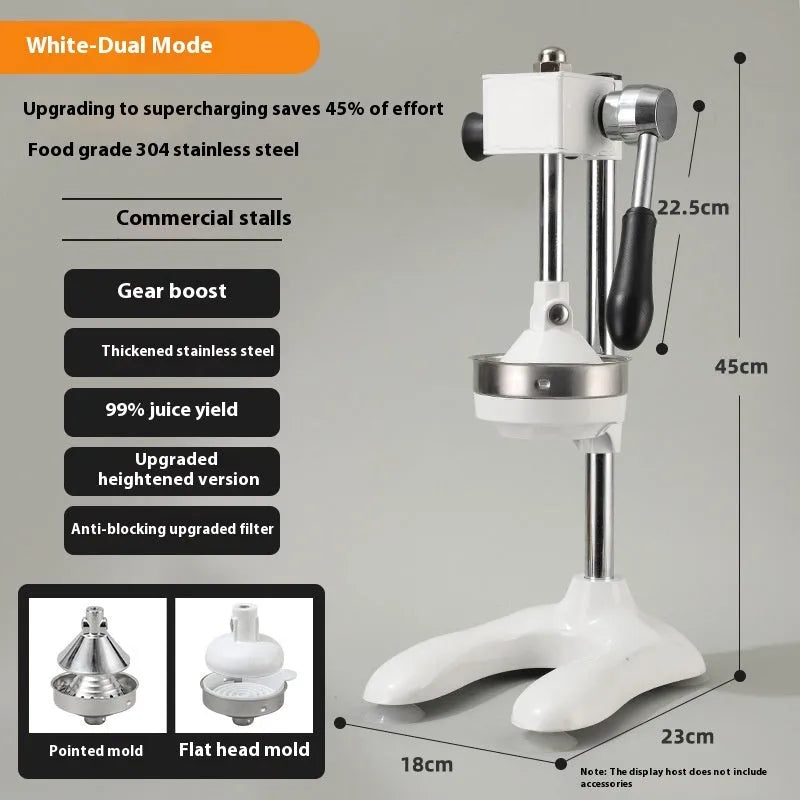 Vertical stainless steel manual juicer with zinc alloy handle in multiple colour and tip style combinations