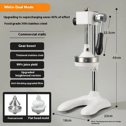 Vertical stainless steel manual juicer with zinc alloy handle in multiple colour and tip style combinations