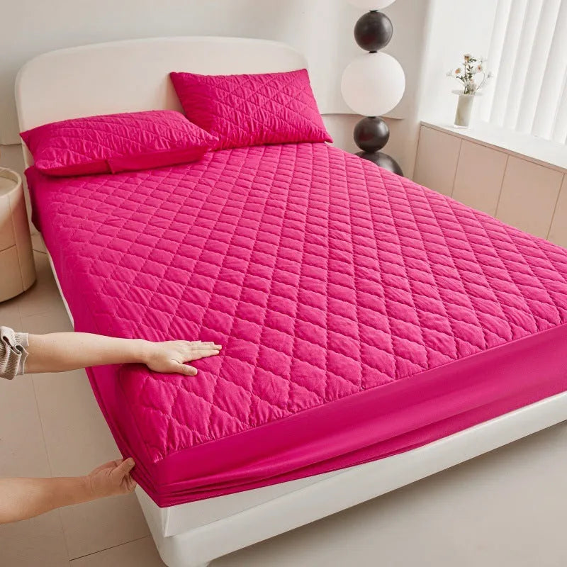 Diamond lattice quilted waterproof mattress protector set in black, grey, pink or white with fitted sheet and pillowcases