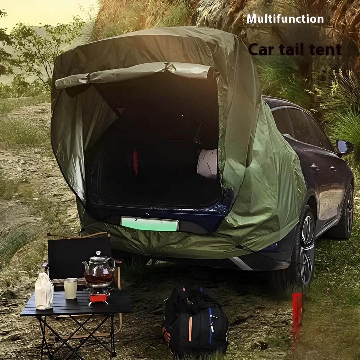 Outdoor camping rear tent roof extension with jackstay and reflective wind rope, packed size 42 x 28 x 3 cm