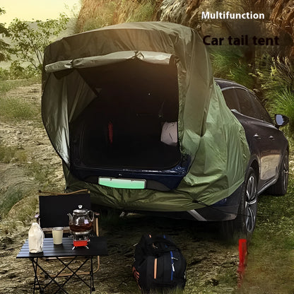 Outdoor camping rear tent roof extension with jackstay and reflective wind rope, packed size 42 x 28 x 3 cm