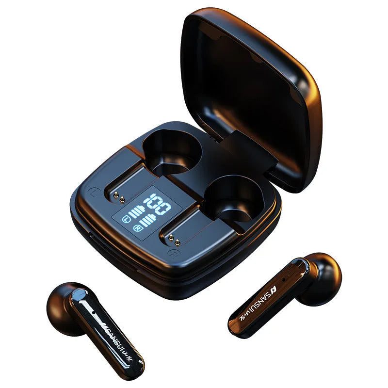 Wireless Bluetooth earphones in dark night black colour with semi-in-ear design and digital battery display