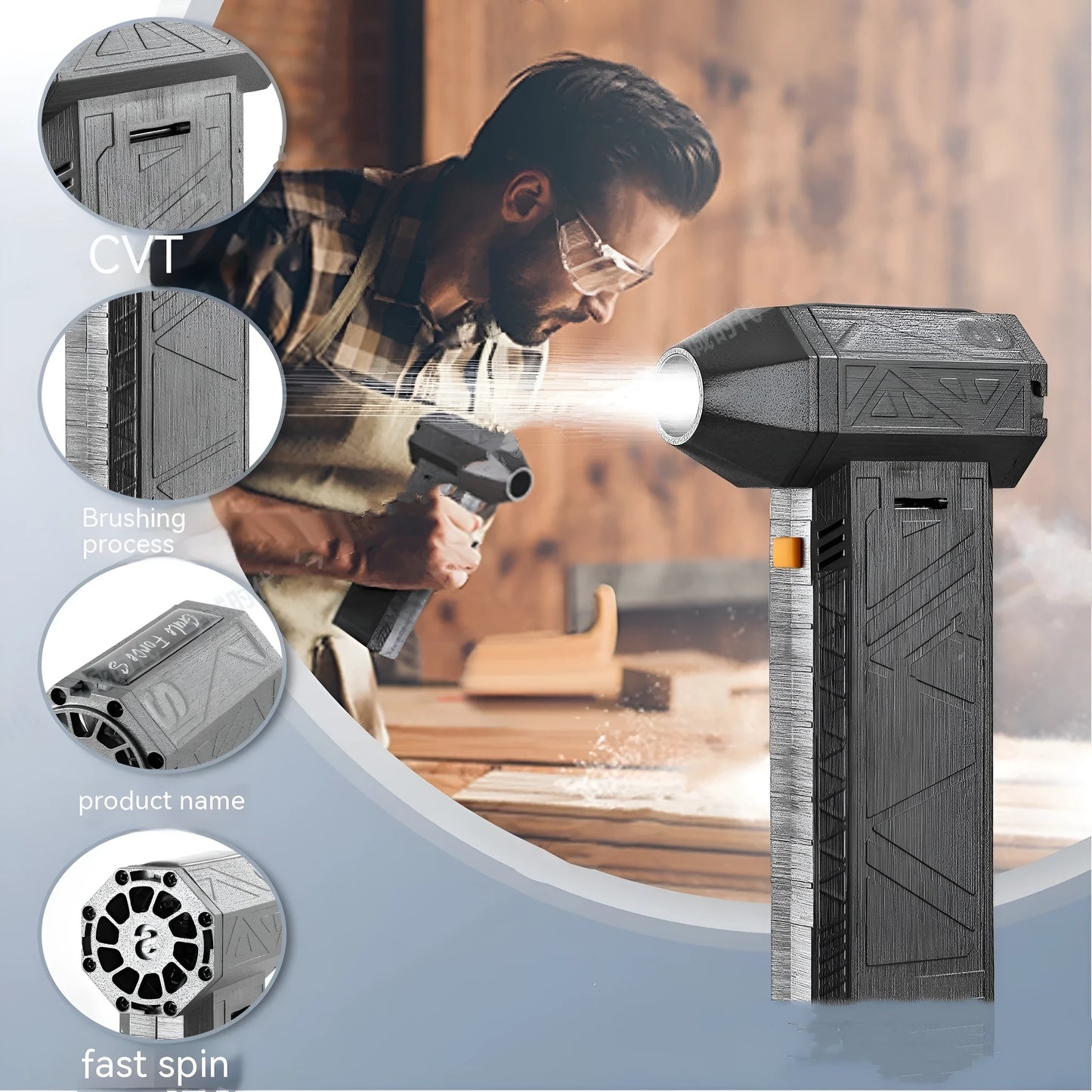 Iron grey cordless handheld turbo fan air duster with brushless motor on a workbench.