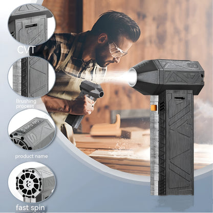 Iron grey cordless handheld turbo fan air duster with brushless motor on a workbench.
