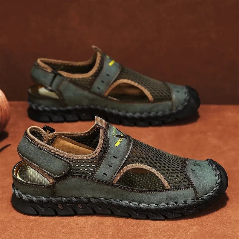 Men's brown leather mesh hollow shoes with elastic band and round toe design
