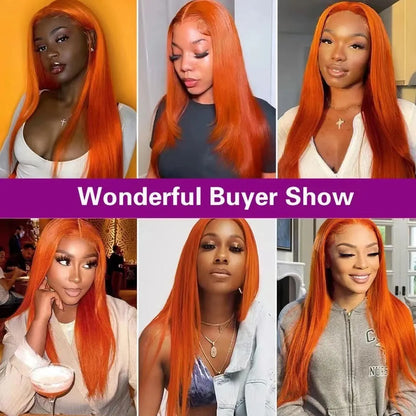 Orange straight synthetic front lace wig with side bangs shown at various lengths