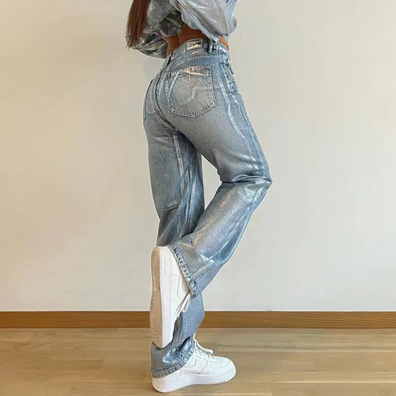High waist straight leg jeans in washed blue denim with hot silver contrast colour detailing