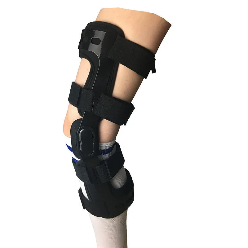 Black anterior ligament knee supporter showing adjustable straps and anatomical shape for left or right leg.