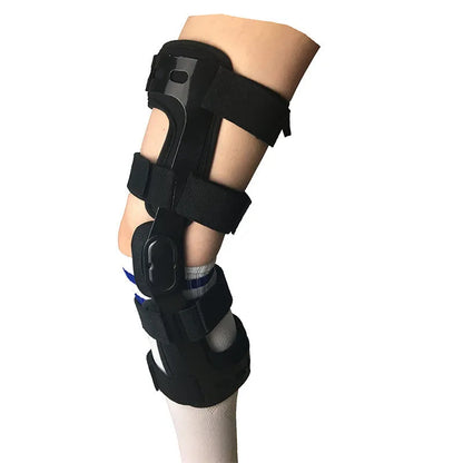 Black anterior ligament knee supporter showing adjustable straps and anatomical shape for left or right leg.