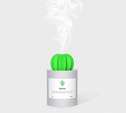 White cactus-shaped ultrasonic humidifier with 280ml tank and soft LED light, USB powered for home aroma diffusion