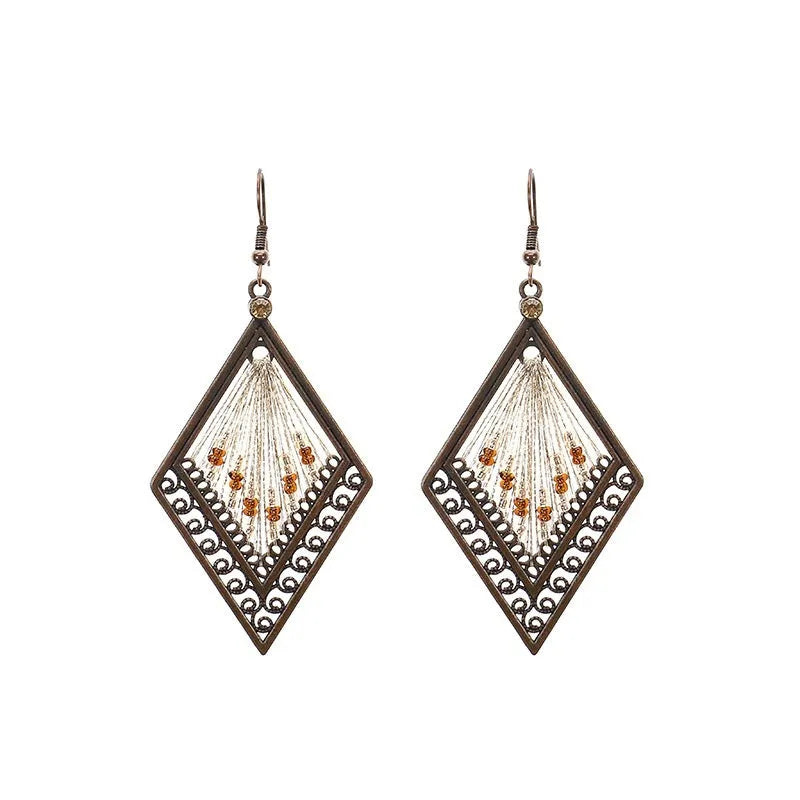 Bohemian geometric alloy earrings with colourful gold thread hand-woven detail, women's quadrilateral design, one pair