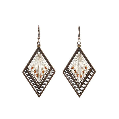 Bohemian geometric alloy earrings with colourful gold thread hand-woven detail, women's quadrilateral design, one pair